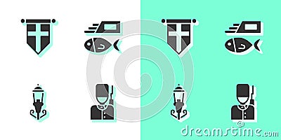 Set British soldier, England flag on pennant, Vintage street light and Fish chips icon. Vector Vector Illustration