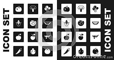 Set Broccoli, Cabbage, Corn, Pumpkin, Watermelon, Mushroom, Peas and Apple icon. Vector Vector Illustration