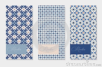 Set of brochure, menu card templates. Ramadan Kareem greeting cards with hand drawn blue Moroccan patterns. Islamic Vector Illustration