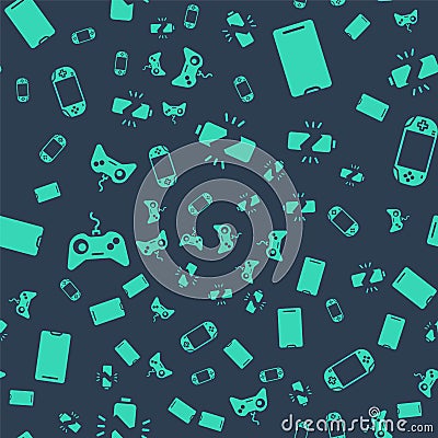 Set Broken battery, Smartphone, mobile phone, Gamepad and Portable video game console on seamless pattern. Vector. Vector Illustration