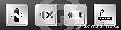 Set Broken battery, Speaker mute, Portable video game console and Router and wi-fi signal icon. Silver square button Vector Illustration