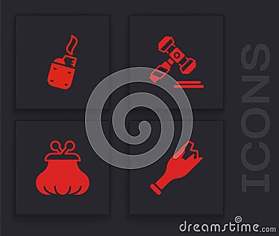 Set Broken bottle as weapon, Lighter, Judge gavel and Wallet icon. Vector Vector Illustration