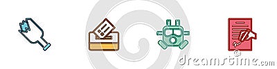 Set Broken bottle as weapon, Vote box, Gas mask and Petition icon. Vector Vector Illustration