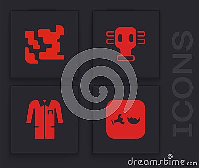 Set Broken flask, Gaseous, mask and Laboratory uniform icon. Vector Vector Illustration