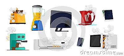 Set of Broken Home Appliances, Damaged Blender, Coffee Machine, Pc Monitor and Electric Kettle, Conditioner, Old Things Vector Illustration