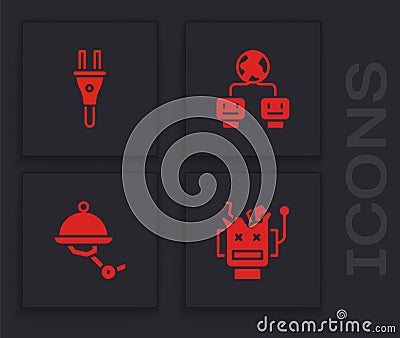 Set Broken robot, Electric plug, Artificial intelligence and Waiter icon. Vector Vector Illustration