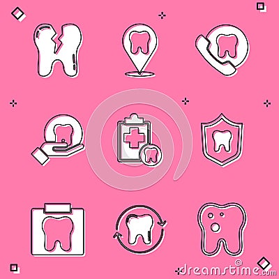 Set Broken tooth, Dental clinic location, Online dental care, Tooth, card, protection, X-ray of and whitening icon Vector Illustration