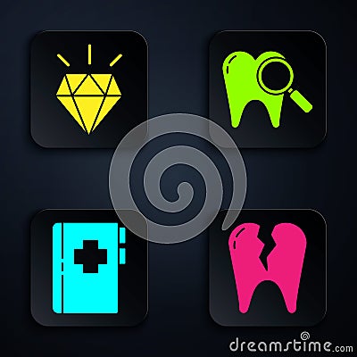 Set Broken tooth, Diamond teeth, Clipboard with dental card and Dental search. Black square button. Vector Vector Illustration