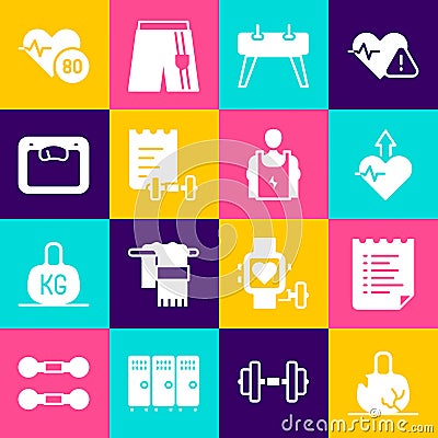 Set Broken weight, Sport training program, Heartbeat increase, Pommel horse, Bathroom scales, rate and Bodybuilder icon Vector Illustration