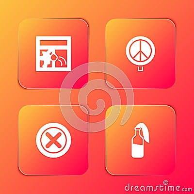 Set Broken window, Peace, X Mark, Cross circle and Cocktail molotov icon. Vector Vector Illustration