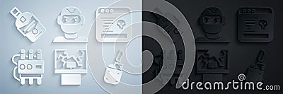 Set Broken window, System bug, Dynamite and timer clock, Lighter, Thief mask and Whiskey bottle icon. Vector Stock Photo