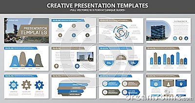 Set of brown and blue elements for multipurpose presentation template slides with graphs and charts. Leaflet, corporate Vector Illustration