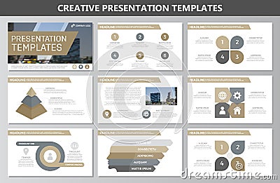 Set of brown elements for multipurpose presentation template slides with graphs and charts. Leaflet, corporate report Vector Illustration