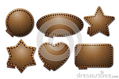 Set of brown leather label shapes with stitches. Leather patches with seam. Vector Illustration