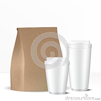 Set of brown paper bag and two disposable white gray caps with lid Vector Illustration