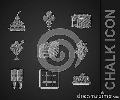 Set Brownie chocolate cake, Waffle, Cake, Strawberry in, Ice cream, bowl, and Cherry cheesecake icon. Vector Vector Illustration