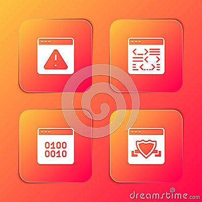 Set Browser with exclamation mark, Software, Binary code and shield icon. Vector Stock Photo