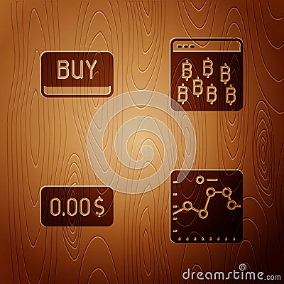 Set Browser with growth graph, Buy button, Zero cost and Bitcoin in browser on wooden background. Vector Vector Illustration