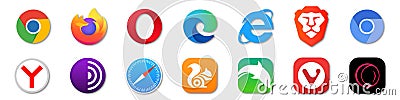 Set browser icons. Internet browser with realistick shadow on isolated background. Google Chrome, Mozilla Firefox, Microsoft Edge Vector Illustration