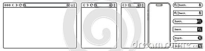 Set browser window in line style, smartphone, blank web page, search bar in internet, line template mockup browser window Vector Illustration