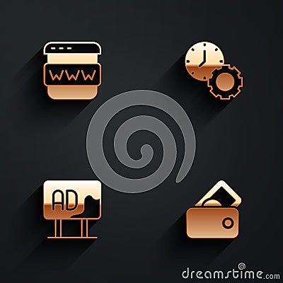 Set Browser window, Time management, Advertising and Wallet with money icon with long shadow. Vector Stock Photo