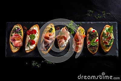 Set of bruschetta with salmon, prosciutto, mozzarella and basil on black background Stock Photo