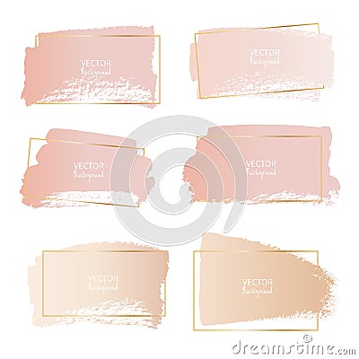 Set of brush stroke frame, Gold pink brush strokes. Vector Illustration