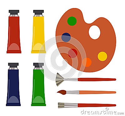 Set Of Brushes And Multicolored Tubes Of Paint. Artist Painting Tools. Flat Style Vector Illustration Vector Illustration