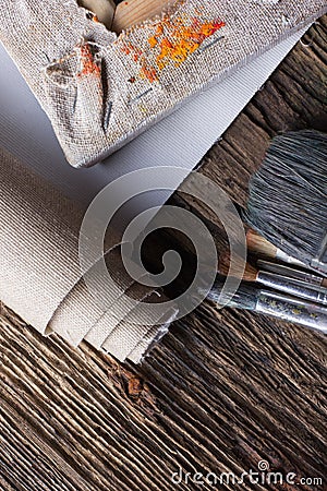 Set of brushes for painting, canvas, stapler, staples, subframe Stock Photo