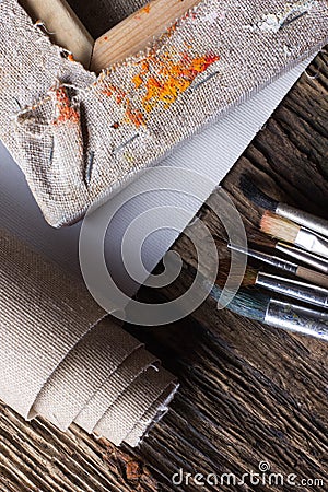 Set of brushes for painting, canvas, stapler, staples, subframe Stock Photo