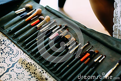 Set of brushes for professional makeup in special black case, close-up. A variety of brushes and applicators, make-up artist tool Stock Photo