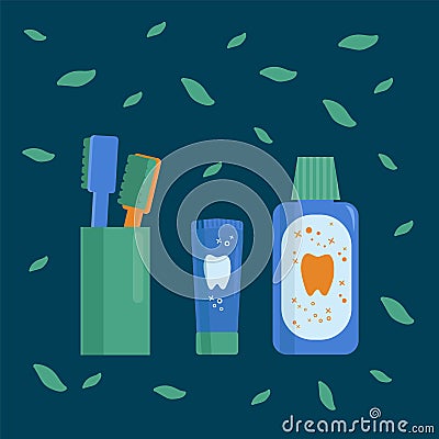 A set for brushing your teeth. Collection of tools for cleaning teeth and oral cavity. Toothpaste, mouthwash, Brushes in a glass Vector Illustration