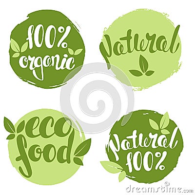 Set of bubbles, stickers, labels, tags with text. 100% natural, 100% organic, eco food. Vector Illustration