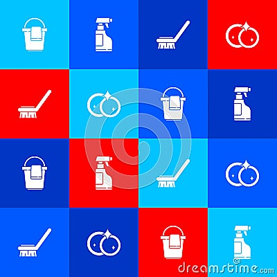 Set Bucket with rag, Spray bottle detergent liquid, Brush for cleaning and Washing dishes icon. Vector Vector Illustration