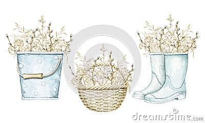 Watercolor set with bucket, wicker basket and gumboots with dry herbs and twigs bouquet Cartoon Illustration