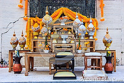 Set of Buddhist altar table is the focal point from which one ushers in fulfillment, happiness and wealth into their homes Stock Photo