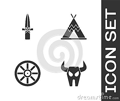 Set Buffalo skull, Dagger, Old wooden wheel and Indian teepee or wigwam icon. Vector Vector Illustration