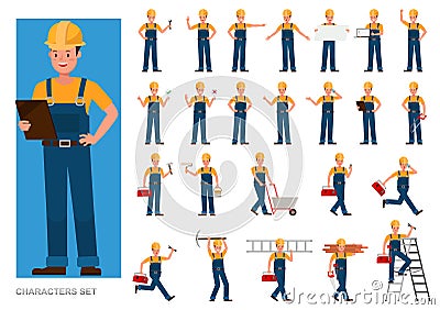 Set of Builder people working character vector design. Presentation in various action with emotions, running, standing and walking Vector Illustration