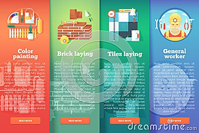 Set of building and construction vector flat banners. Design and renovation vertical layout concepts. Flat modern style. Vector Illustration