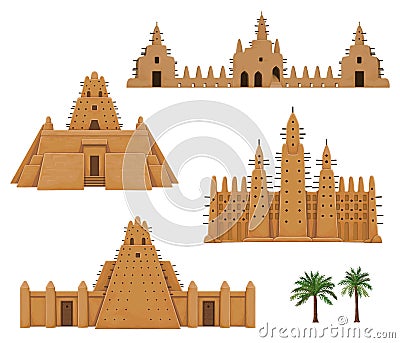 Set of buildings African architecture. House, mosque, ancient dwelling. Vector Illustration