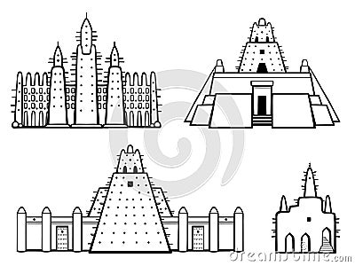 Set of buildings African architecture. House, mosque, ancient dwelling. Vector Illustration