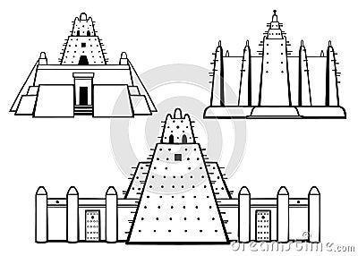 Set of buildings African architecture. House, mosque, ancient dwelling. Vector Illustration