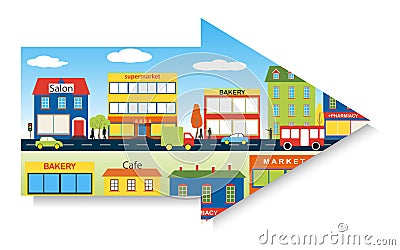 Set of buildings in the down pointing arrow Stock Photo