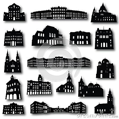 Set of 17 buildings vector silhouettes Vector Illustration