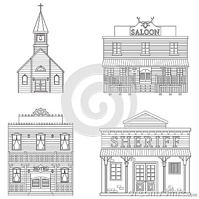 A set of buildings of the wild west. Line art. Children`s coloring. Vector illustration Vector Illustration