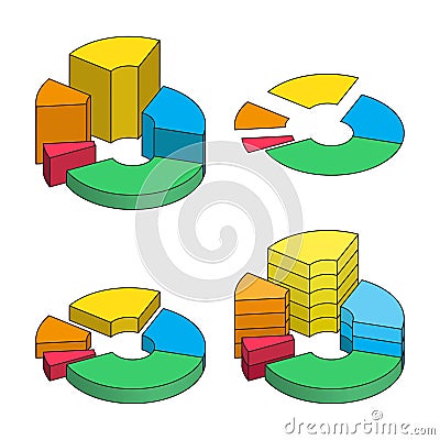 Set of bulk isometric pie charts different heights, hard stroke, separated segments Vector Illustration