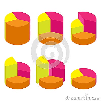 Set of bulk isometric pie charts different heights, separated segments. Templates realistic three-dimensional pie charts Vector Illustration
