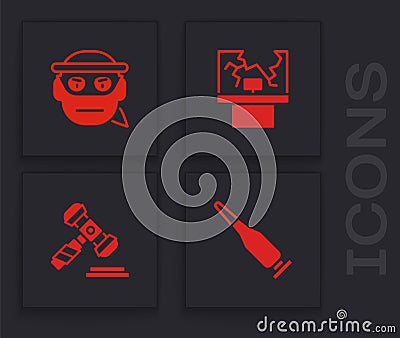 Set Bullet, Bandit, Broken window and Judge gavel icon. Vector Vector Illustration