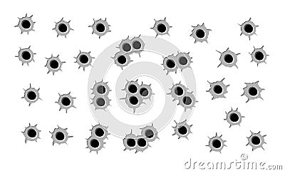 Set of bullet holes, black and grey color Vector Illustration