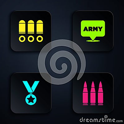 Set Bullet, , Military reward medal and army. Black square button. Vector Vector Illustration